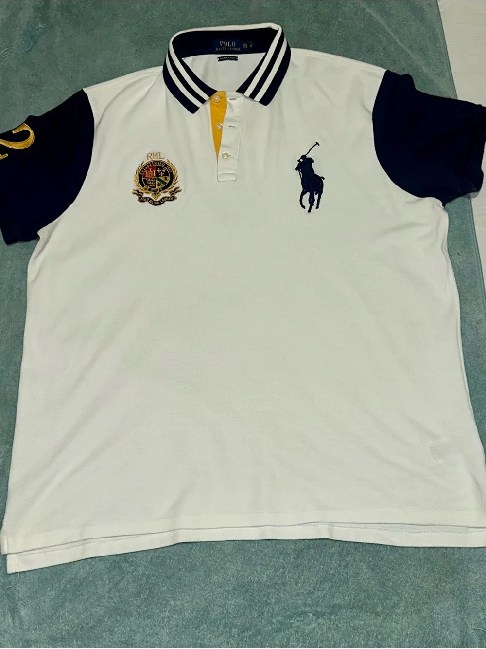 Ralph Lauren White, Navy & Yellow Striped Collar Polo
